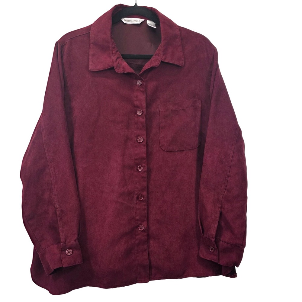 Drapers & Damons Women 1X Burgundy Faux Suede Button Down Long Sleeve Preppy Top
